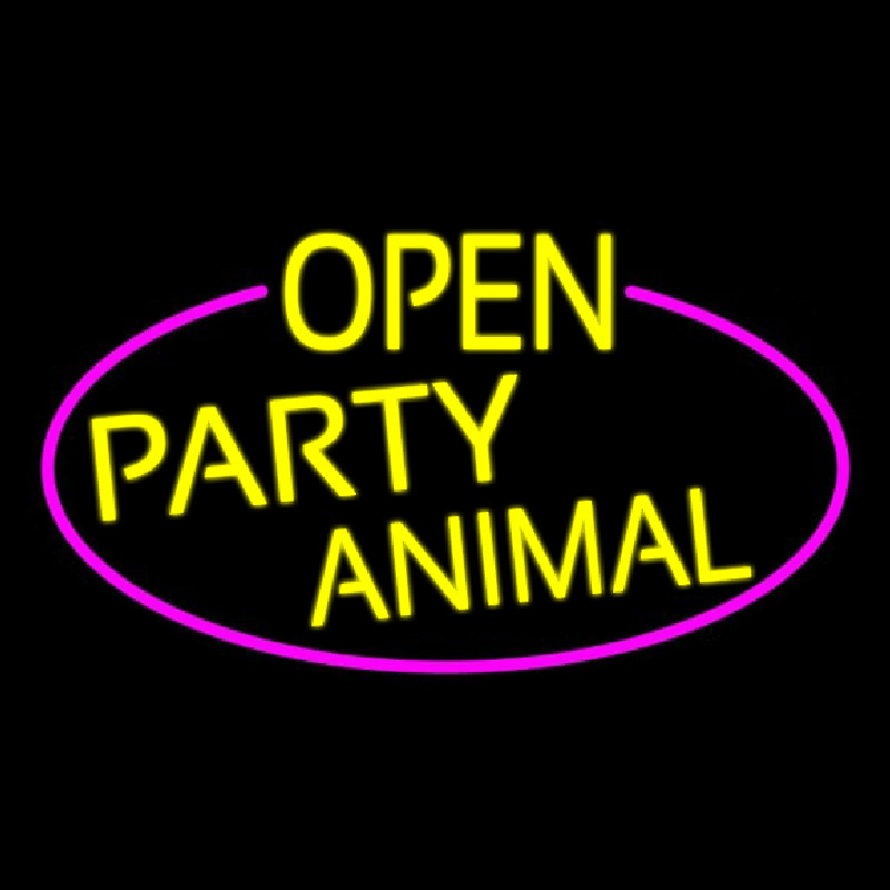 Yellow Open Party Animal Oval With Pink Border Neonskylt