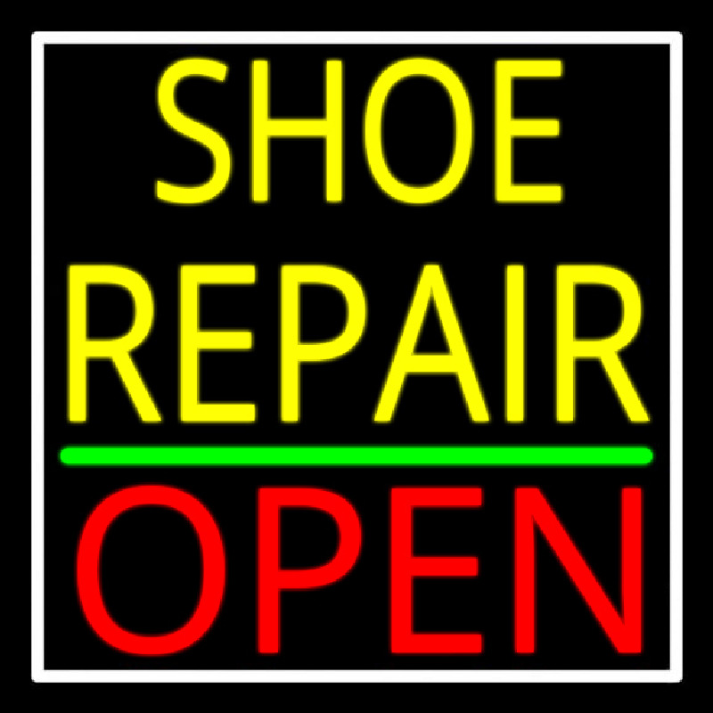 Yellow Shoe Repair Open With Border Neonskylt