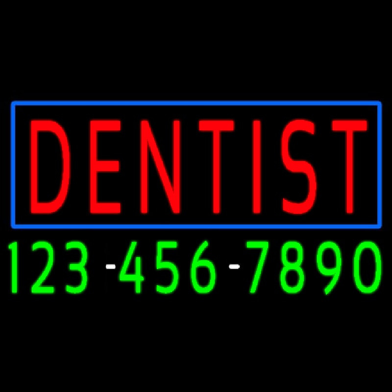 Red Dentist Blue Border With Phone Number Neonskylt