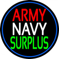Army Navy Surplus Blue Round Neonskylt