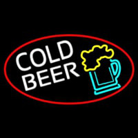 Cold Beer And Beer Mug Oval With Red Border Neonskylt