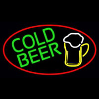 Cold Beer And Mug Oval With Red Border Neonskylt