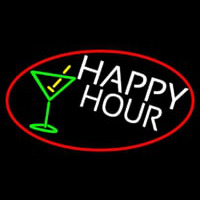 Happy Hour And Martini Glass Oval With Red Border Neonskylt