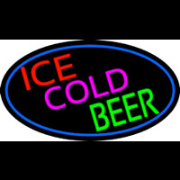 Ice Cold Beer Oval With Blue Border Neonskylt