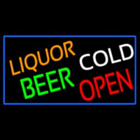 Liquors Beer Cold Open With Blue Border Neonskylt