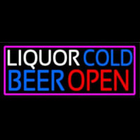 Liquors Cold Beer Open With Pink Border Neonskylt