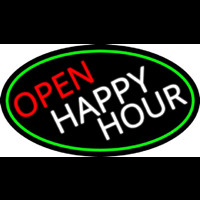 Open Happy Hour Oval With Green Border Neonskylt