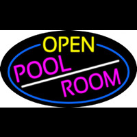 Open Pool Room Oval With Blue Border Neonskylt