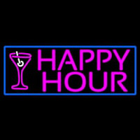 Pink Happy Hour And Wine Glass With Blue Border Neonskylt
