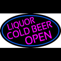 Pink Liquors Cold Beer Open Oval With Blue Border Neonskylt