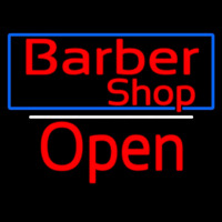Red Barber Shop Open With Blue Border Neonskylt
