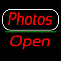 Red Cursive Photos With Open 2 Neonskylt