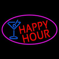 Red Happy Hour And Wine Glass Oval With Pink Border Neonskylt