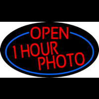Red Open One Hour Photo Oval With Blue Border Neonskylt