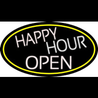 White Happy Hour Open Oval With Yellow Border Neonskylt