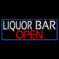 White Liquor Bar Open With Blue Border Neonskylt
