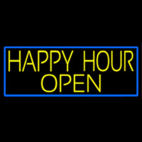 Yellow Happy Hour Open With Blue Border Neonskylt
