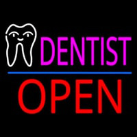 Pink Dentist White Tooth Blue Line Open Neonskylt